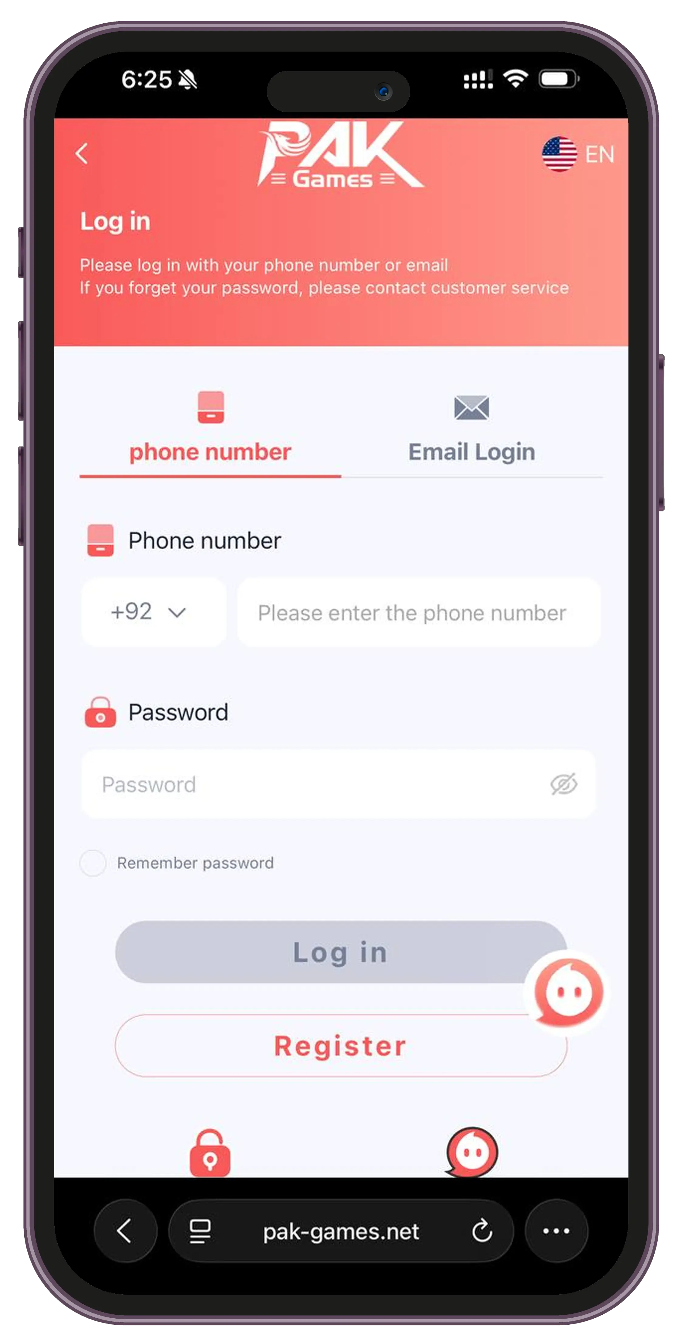 Login screen — access your real money gaming account